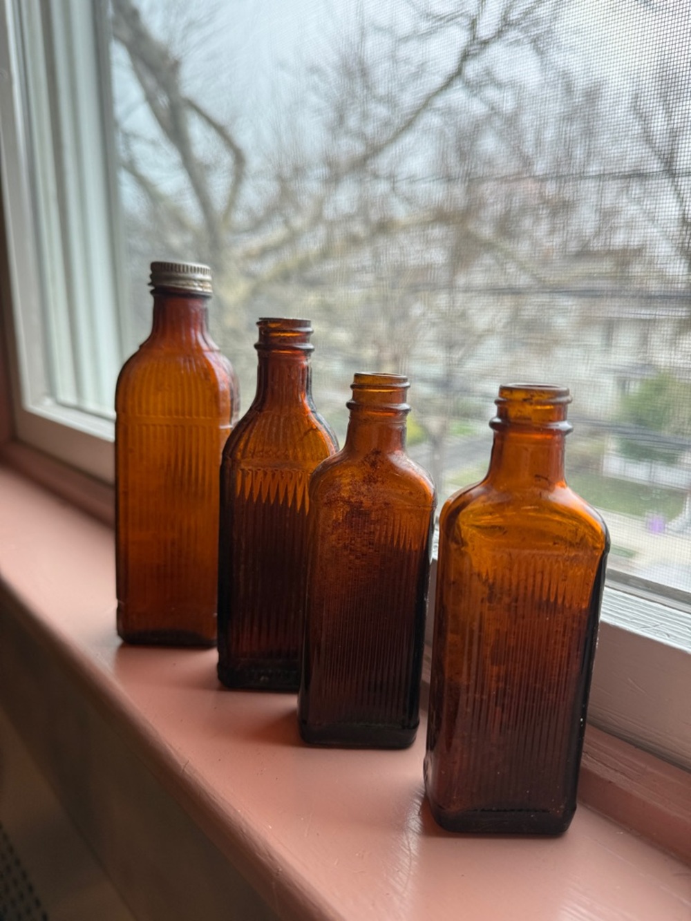 Ribbed Poison Medicine Vintage Antique Amber Glass Bottles